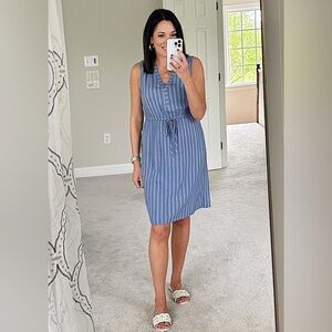 2/$30 Caslon Stripe Print Sleeveless Dress Denim Blue Drawstring Waist Small